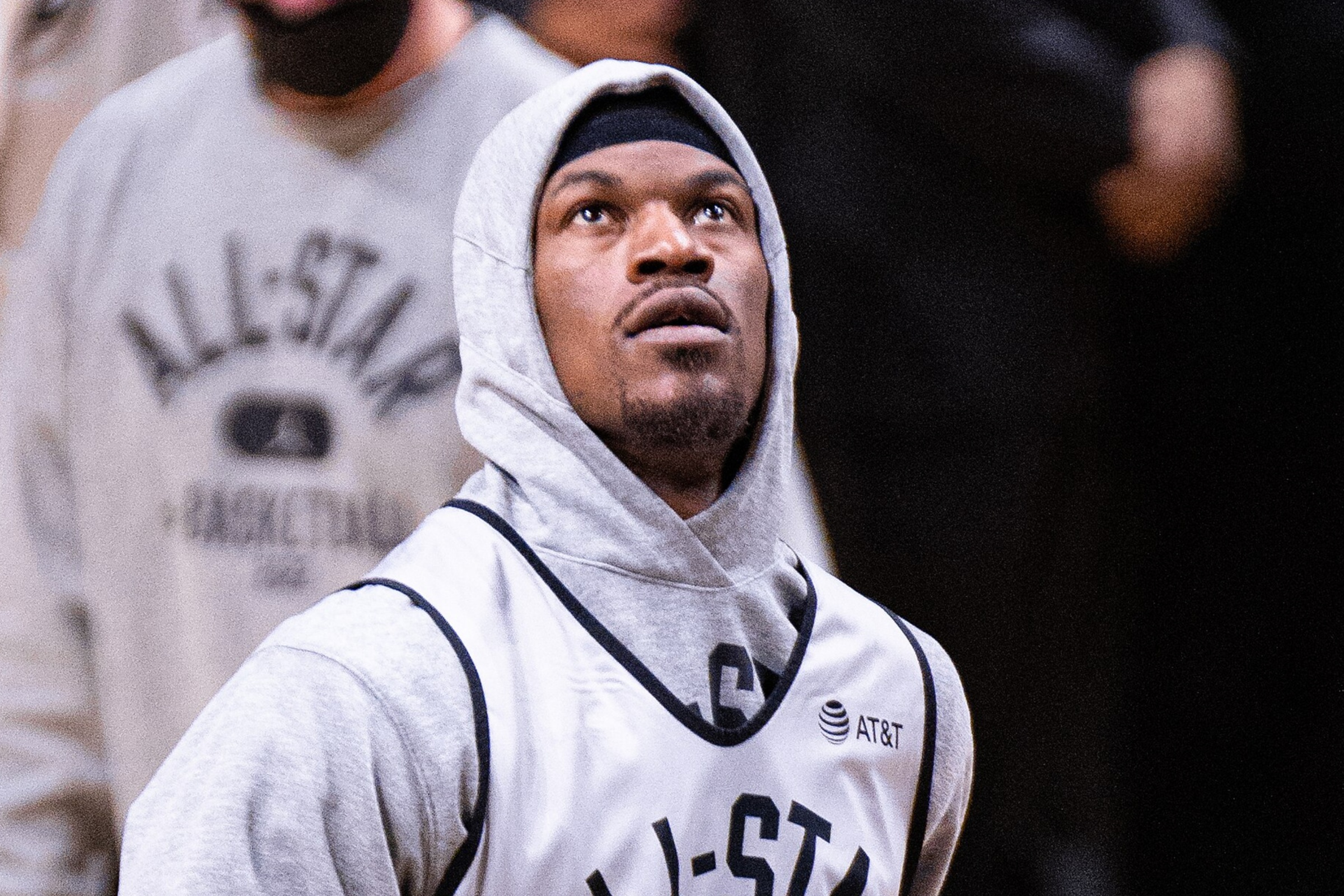 Golden State Warriors star Jimmy Butler looks on during a game.