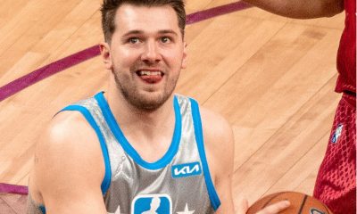 Los Angeles Lakers guard Luka Doncic reacts while playing.