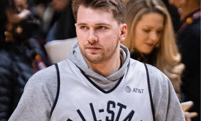Los Angeles Lakers star Luka Doncic looks on before a game.