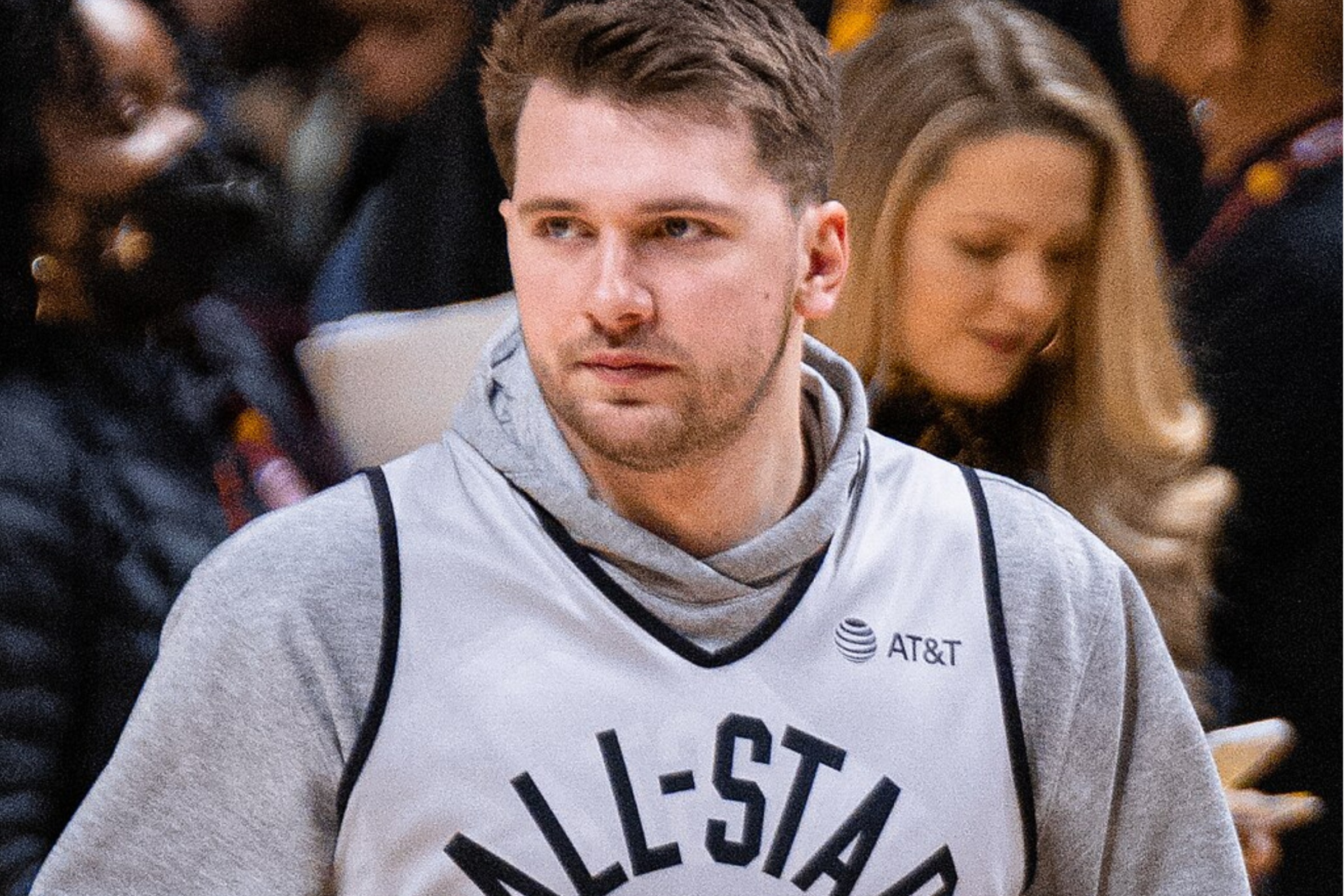 Los Angeles Lakers star Luka Doncic looks on before a game.