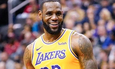 Los Angeles Lakers star LeBron James looks on during a game.