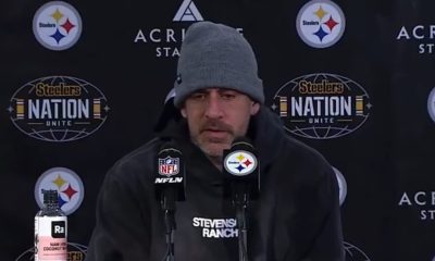Pittsburgh Steelers QB Aaron Rodgers speaks to the media.