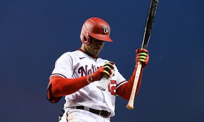 Washington Nationals right fielder Juan Soto (22) taking a swing during the 4th inning in a game against the Miami Marlins at Nationals Park in Washington D.C., April 26, 2022.