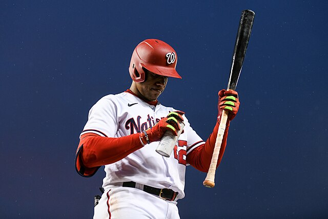 Washington Nationals right fielder Juan Soto (22) taking a swing during the 4th inning in a game against the Miami Marlins at Nationals Park in Washington D.C., April 26, 2022.