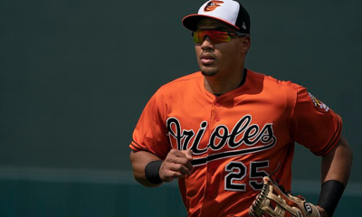 Anthony Santander, outfielder with the Baltimore Orioles in the outfield during a game against the Tampa Bay Rays on May 12, 2018. Photo credits: Wikimedia Commons