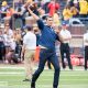 Tom Brady plays catch with Head Coach Jim Harbaugh before Michigan's 45-28 victory over Colorado on September 17, 2016. (James Coller/Maize and Blue Nation)